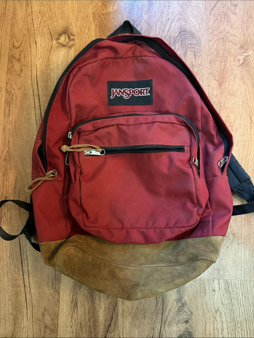 Jansport Red Canvas Backpack with Brown Suede Base